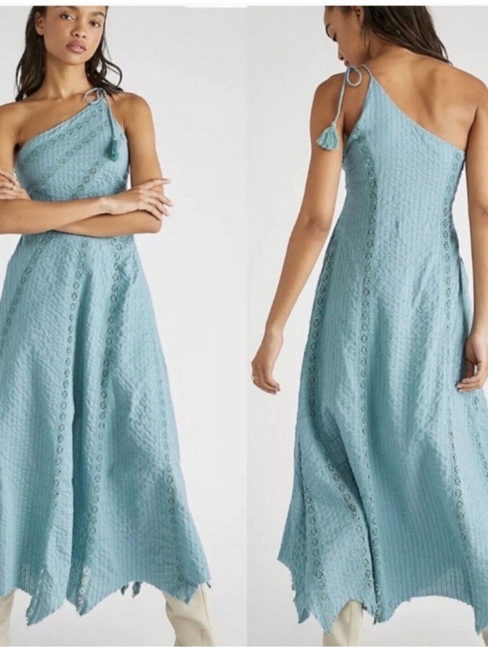 FREE PEOPLE Bella Maxi Dress Tie Up One Shoulder Cotton Raw Hem MEDIUM